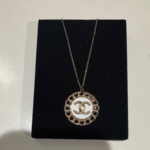 CHANEL button Gold and White Chain Pendant Necklace
